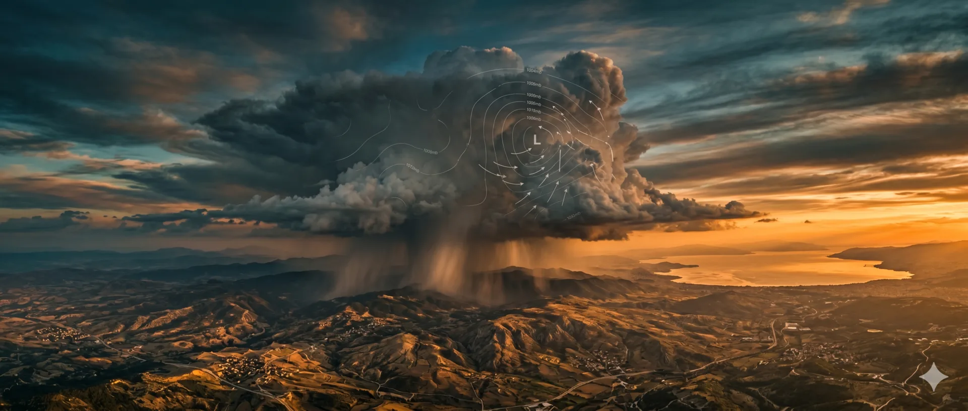 Anadolu üzerinde altın saatte oluşan büyük bir kümülonimbus bulutu ve yağmur şaftları